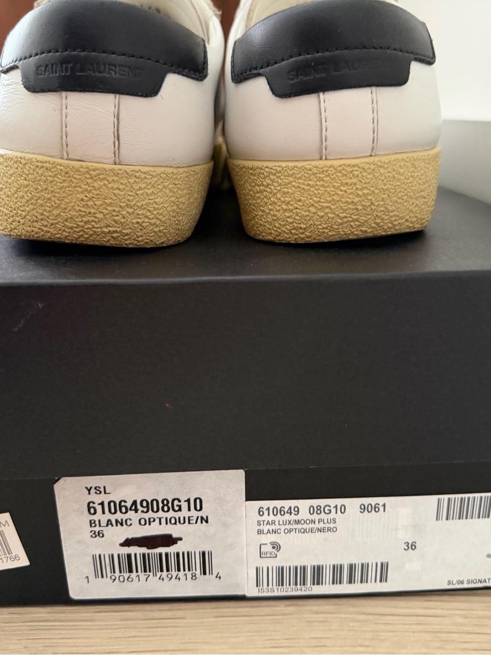 Saint Laurent White Leather Sneakers with Black Heel Tab and Cream Sole - Picture 7 of 7